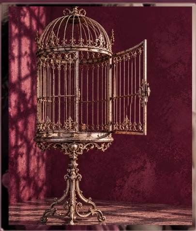 Cage dorée dans un décor bordeaux