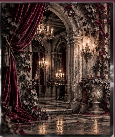 Décor de miroirs, fleurs et rideaux bordeaux
